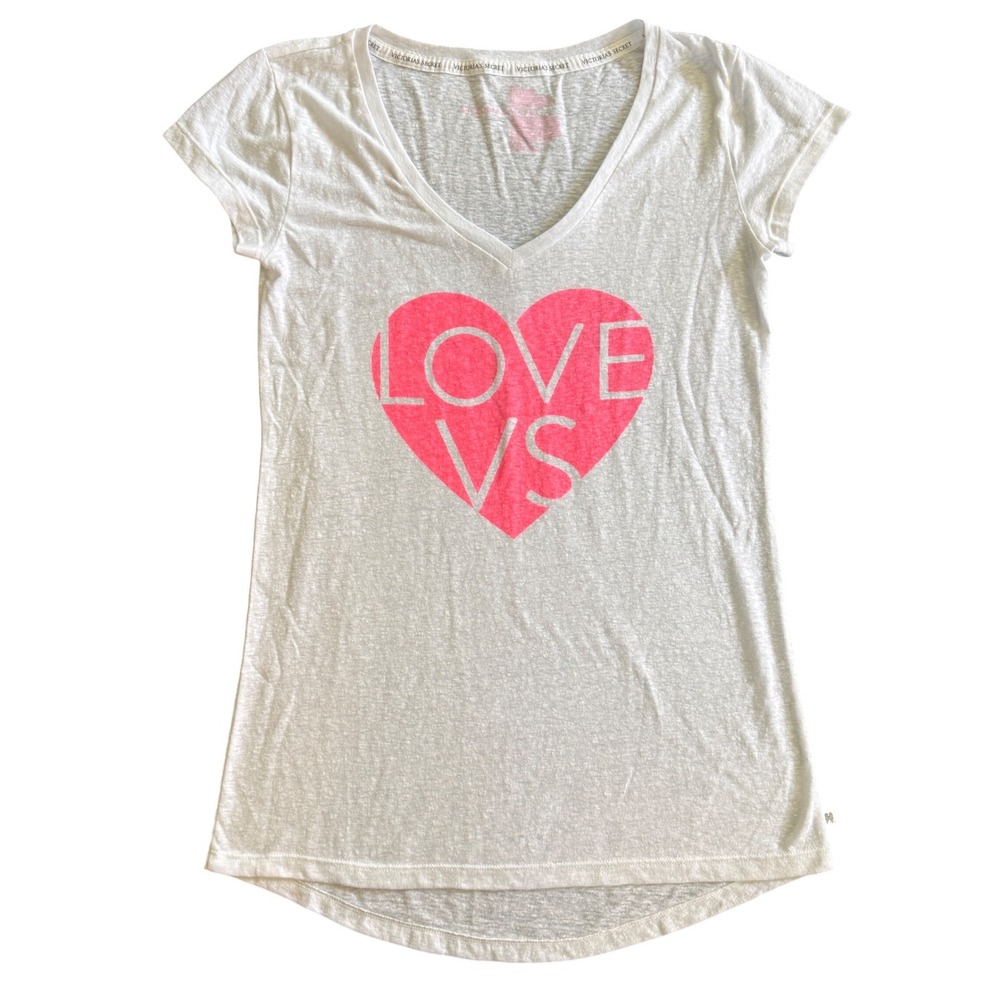 Victoria Secret White Love VS Heart Graphic V-Neck Tee Shirt Medium
